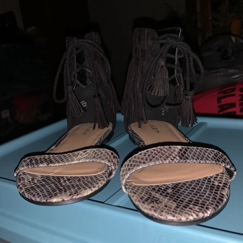 Indigo Black Fringe Sandals Size 8
